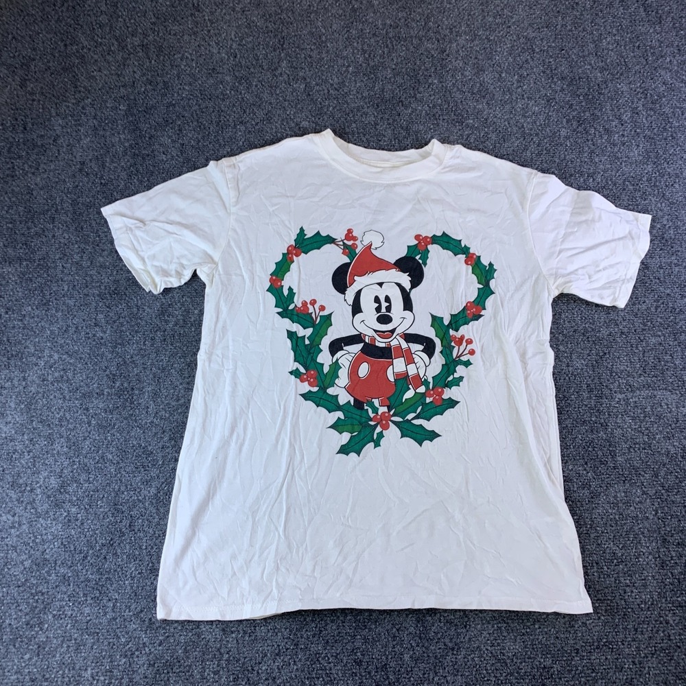 Disney Mickey Mouse Christmas T-Shirt Womens S 4-6 White Graphic Cotton Casual